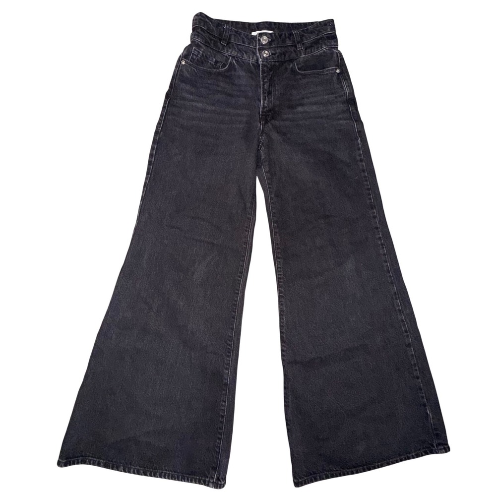 FRAME Le Palazzo Crop Jeans 25 Black High Rise Wide Leg Denim Inkblot Boho Chic